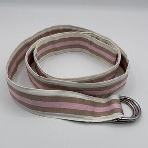 Y2K Preppy Ribbon Belt XL Pink Cream Brown Striped Double D-Ring Metal Golf